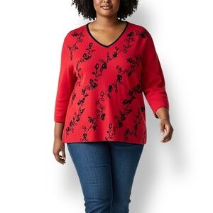 4/$20 Teddi Red Floral Velvet Trim V-Neck Knit Top Plus Size 1X
